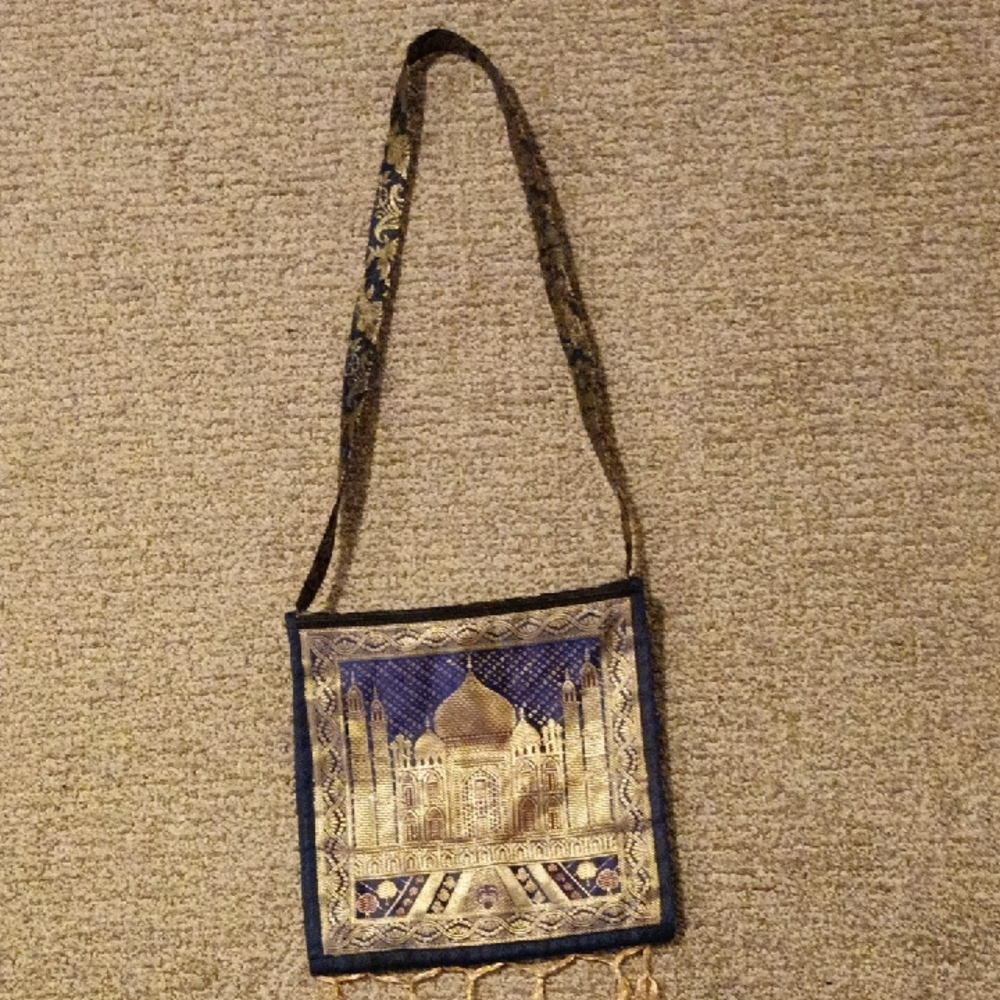 Taj Mahal - Silk Blue and Gold Embroidered Women's Bag
